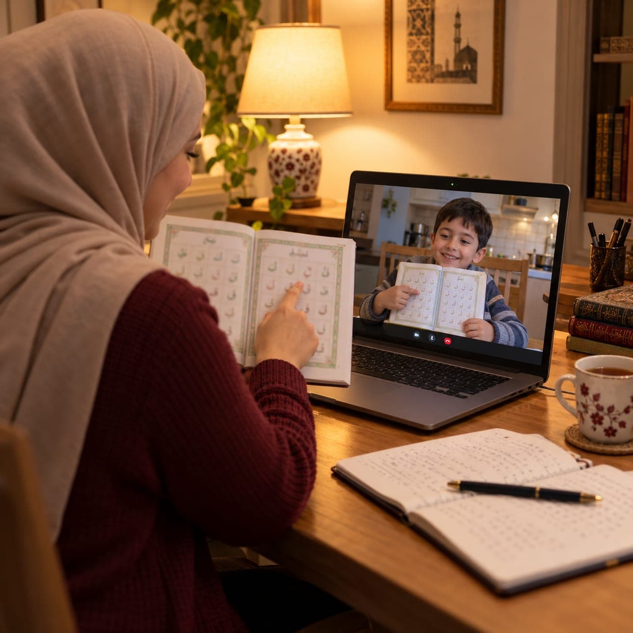 Dizüstü bilgisayar üzerinden öğrencisine Elif-Bâ harflerini gösteren öğretmen