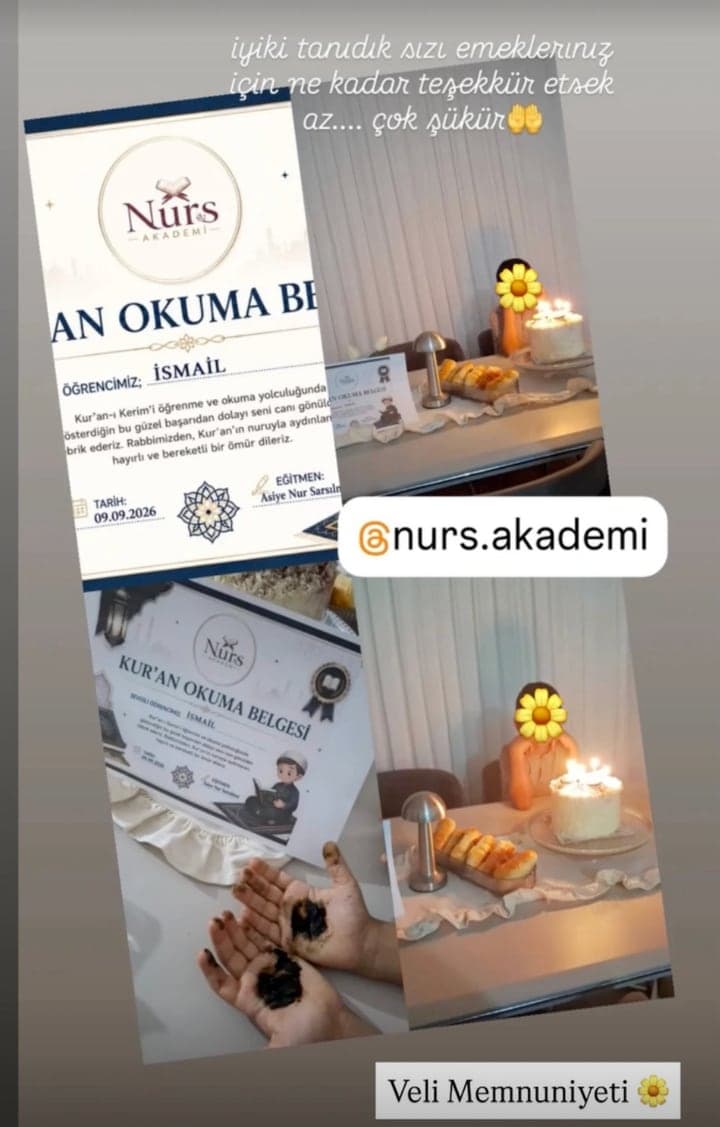 İsmail adına düzenlenmiş Nurs Akademi Kur'an Okuma Belgesi, kınalı eller ve kutlama masası