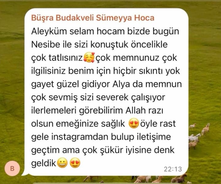 Büşra Hanım · Veli: “Çok memnunuz, çok ilgilisiniz. Gayet güzel gidiyor, Alya da memnun, çok sevmiş sizi, severek çalışıyor. Öyle rastgele Instagram'dan bulup iletişime geçtim ama çok şükür iyisine denk geldik.”