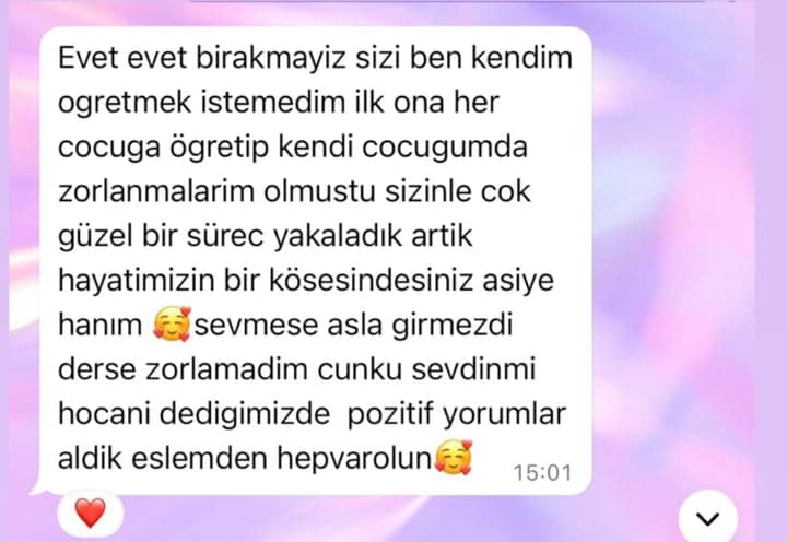 Eslem'in annesi: “Ben kendim öğretmek istemedim, ilk ona her çocuğa öğretip kendi çocuğumda zorlanmalarım olmuştu. Sizinle çok güzel bir süreç yakaladık artık. Sevmese asla girmezdi derse, zorlamadım çünkü.”