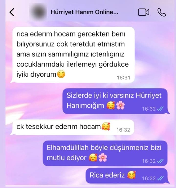 Hürriyet Hanım · Veli: “Gerçekten beni biliyorsunuz, çok tereddüt etmiştim ama sizin samimiliğiniz, içtenliğiniz, çocuklarımdaki ilerlemeyi gördükçe iyi ki diyorum.”