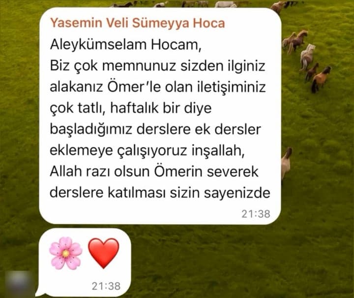 Yasemin Hanım · Ömer'in annesi: “Biz çok memnunuz sizden, ilginiz alakanız, Ömer'le olan iletişiminiz çok tatlı. Haftalık bir diye başladığımız derslere ek dersler eklemeye çalışıyoruz inşallah. Ömer'in severek derslere katılması sizin sayenizde.”