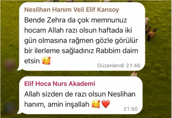 Neslihan Hanım · Zehra'nın annesi: “Ben de Zehra da çok memnunuz hocam, haftada iki gün olmasına rağmen gözle görülür bir ilerleme sağladınız.”
