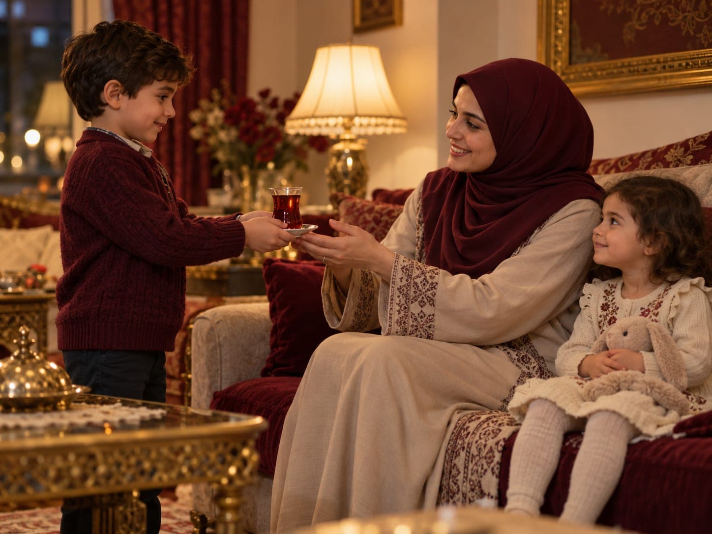 Annesine çay ikram eden erkek çocuk ve yanında gülümseyen kız kardeşi