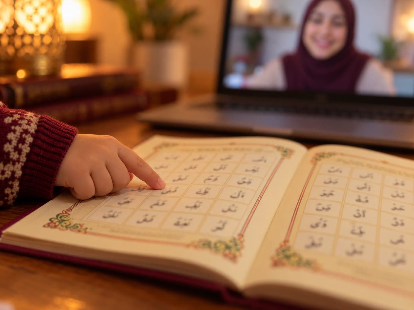 Online Elif-Bâ dersinde parmağıyla harfleri takip eden çocuk, arkada ekranda öğretmen