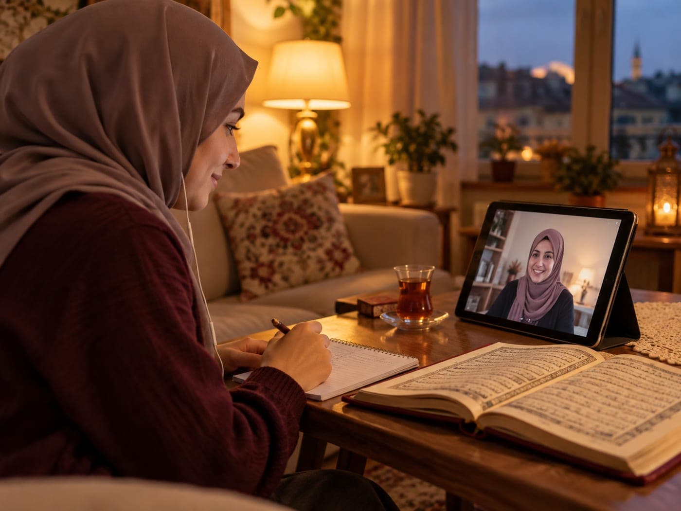 Tabletten öğretmeniyle online Kur'an-ı Kerim dersine katılırken not alan yetişkin kadın öğrenci