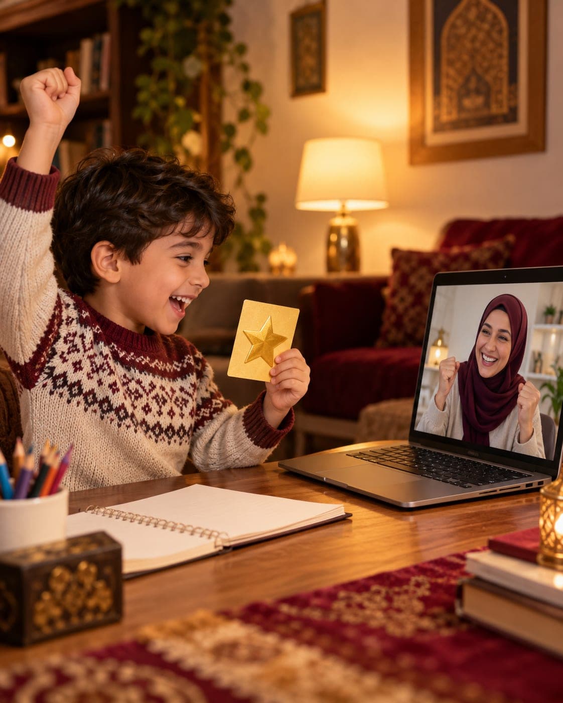 Online derste yıldız kartını göstererek sevinen erkek çocuk ve ekranda onu tebrik eden öğretmen