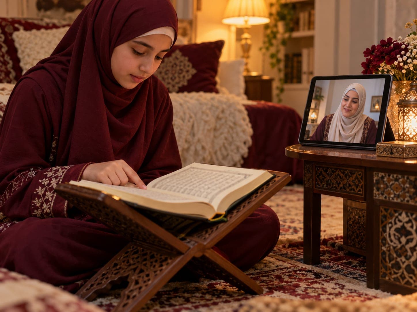 Rahle başında Kur'an-ı Kerim okuyan genç kız, tablette onu dinleyen öğretmen