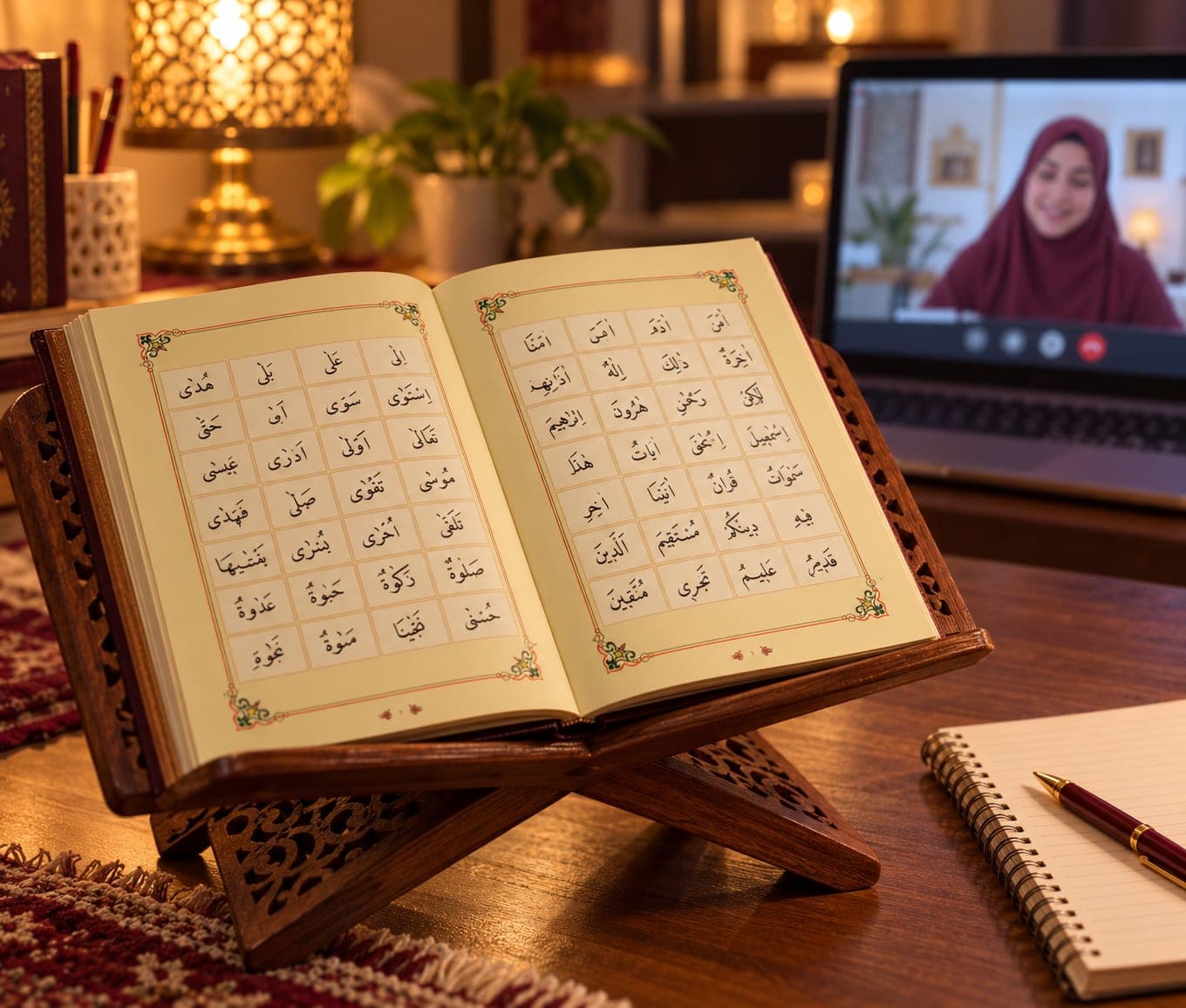 Rahle üzerinde açık Elif-Bâ kitabı, defter ve arkada dizüstü bilgisayarda online ders veren öğretmen
